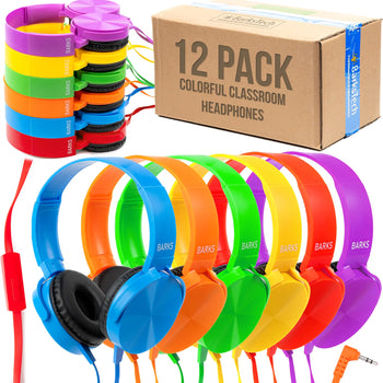 Classroom Headphones with Microphone (Colors, 12 Pack) - Wired 3.5mm On-Ear Bulk Headphones