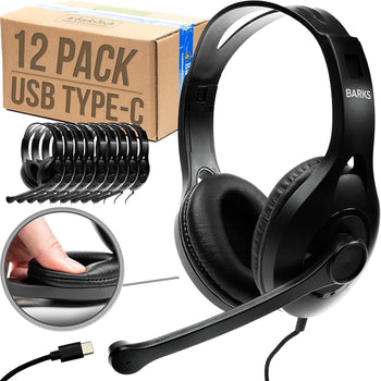 USB-C Classroom Headphones w/Microphone (12 Pack) - Premium Type C Headphones