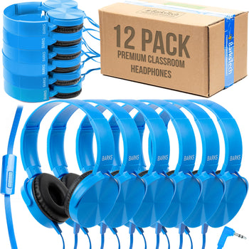 Classroom Headphones with Microphone (Blue, 12 Pack) - Wired 3.5mm On-Ear Bulk Headphones