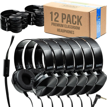Classroom Headphones with Microphone (Black, 12 Pack) - Wired 3.5mm On-Ear Bulk Headphones